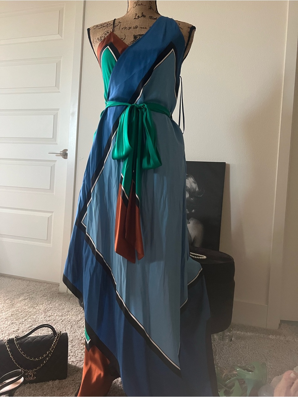 Diane Von Furstenberg One-Shoulder Colorblock Maxi Dress in Blue, Green & Brown